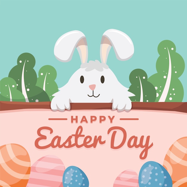 Diseño plano feliz día de pascua con conejo sonriente
