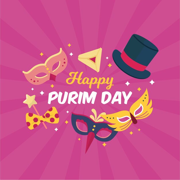 Diseño plano para un feliz día de purim con máscaras