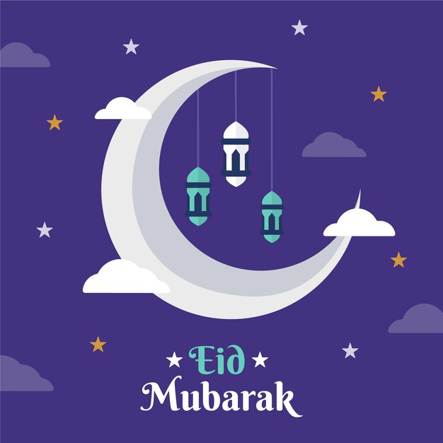 Diseño plano feliz eid mubarak noche estrellada