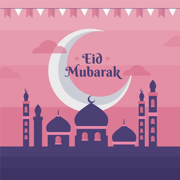 Vector gratuito diseño plano feliz eid mubarak rosa cielo