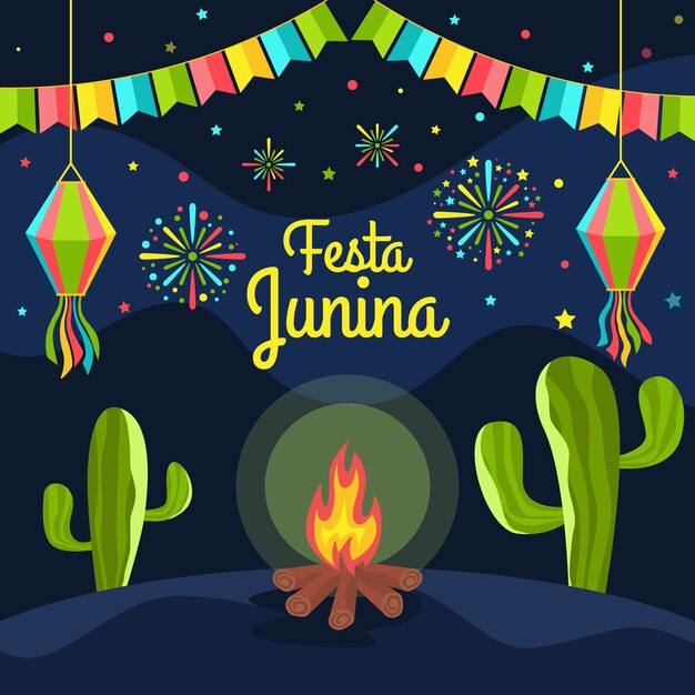 Diseño plano festa junina y cactus
