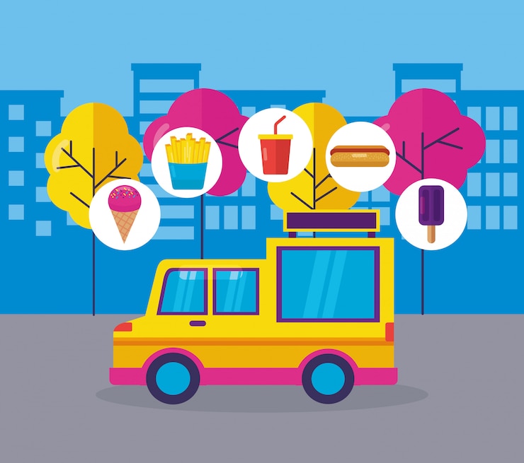 Vector gratuito diseño plano del festival de food trucks