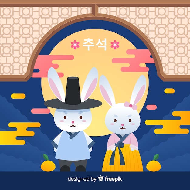 Diseño plano festivo de conejos del día de chuseok