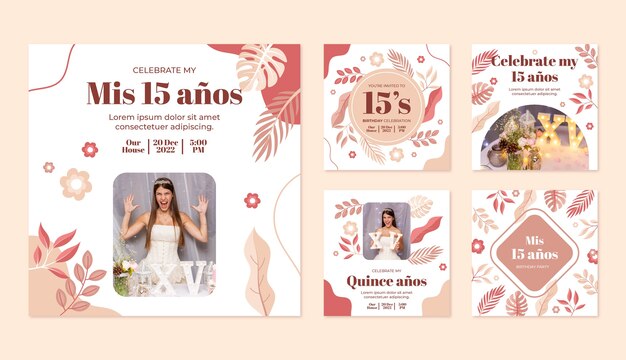 Vector gratuito diseño plano floral quinceañera publicaciones de instagram