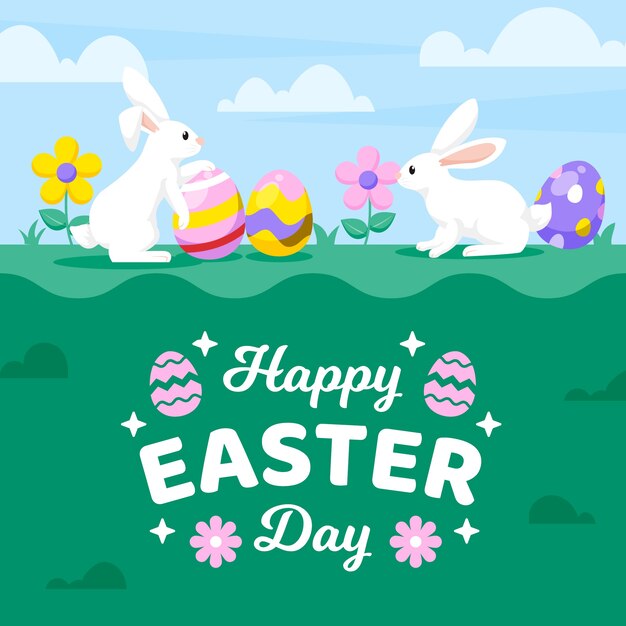 Diseño plano fondo feliz día de pascua con conejitos y aggs
