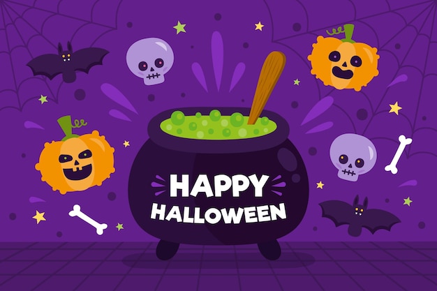 Vector gratuito diseño plano fondo de halloween con caldero