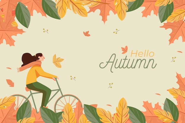 Diseño plano fondo otoño con mujer y bicicleta