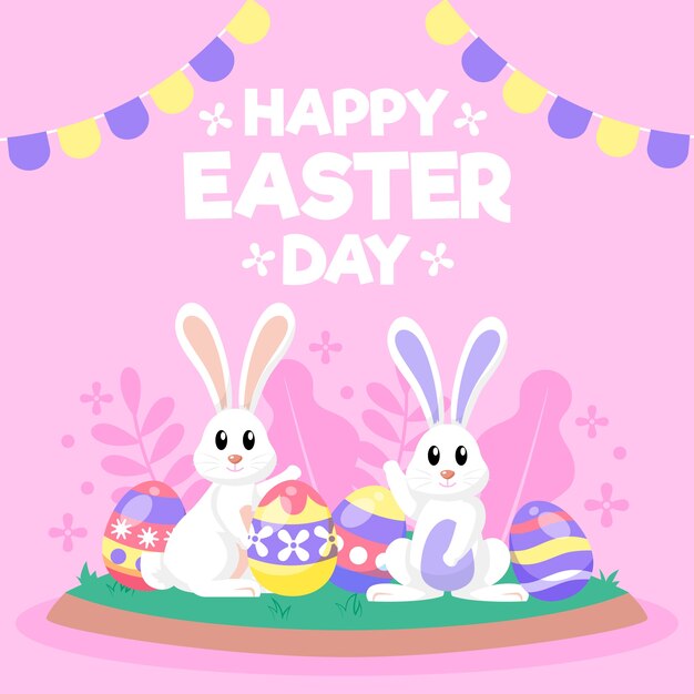 Diseño plano fondo de pantalla feliz día de pascua con conejitos y aggs