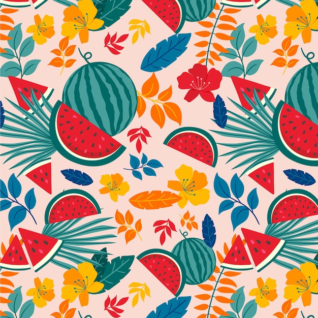 Diseño plano de frutas y estampado de flores.