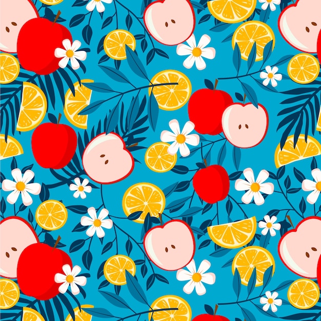 Diseño plano de frutas y estampado de flores.