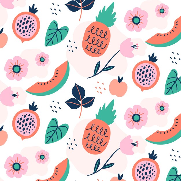 Diseño plano de frutas y estampado de flores.