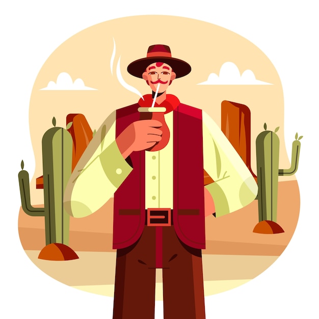 Vector gratuito diseño plano gaucho bebiendo mate ilustración