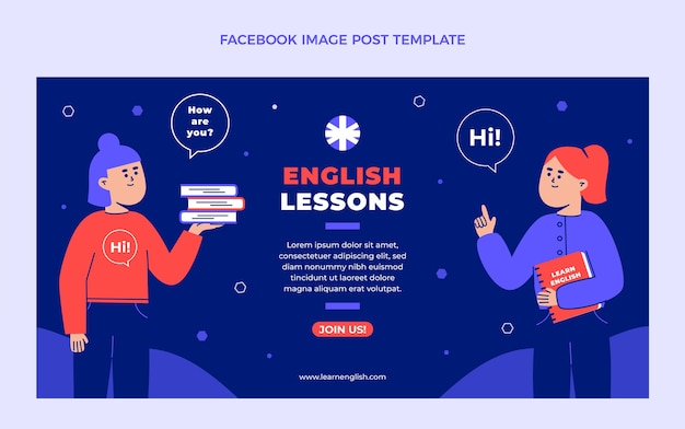 Vector gratuito diseño plano hablar inglés plantilla de publicación de facebook