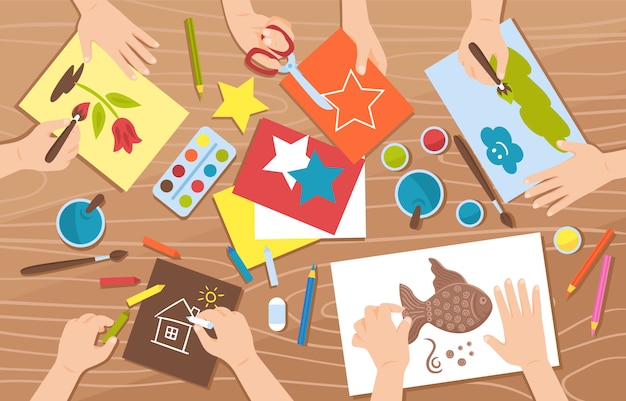 Diseño plano hecho a mano con niños dibujando y pintando ilustración