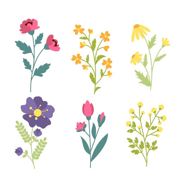 Diseño plano hermosa colección de flores de primavera