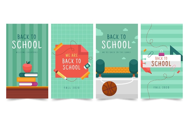 Vector gratuito diseño plano historias de instagram de regreso a la escuela