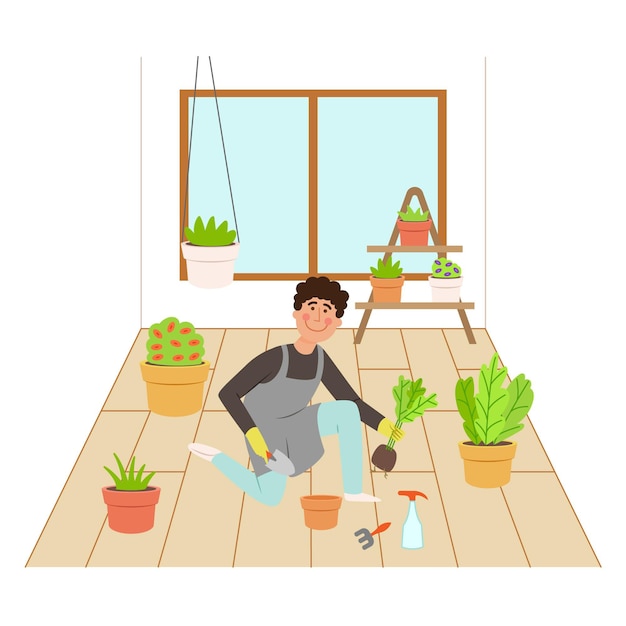 Vector gratuito diseño plano hombre jardinería en casa