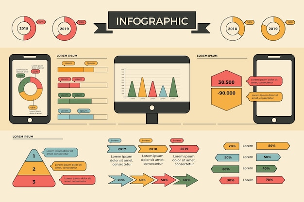 Vector gratuito diseño plano infografía con colores retro.