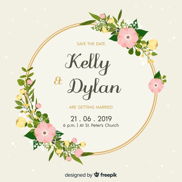 Diseño plano de una invitación de boda floral