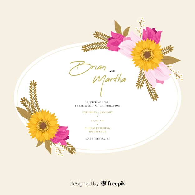 Diseño plano de invitación de boda marco floral