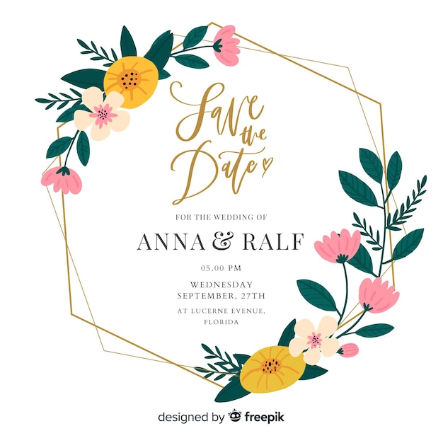 Diseño plano de invitación de boda marco floral