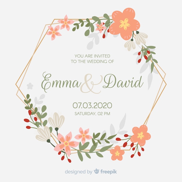 Diseño plano de invitación de boda marco floral