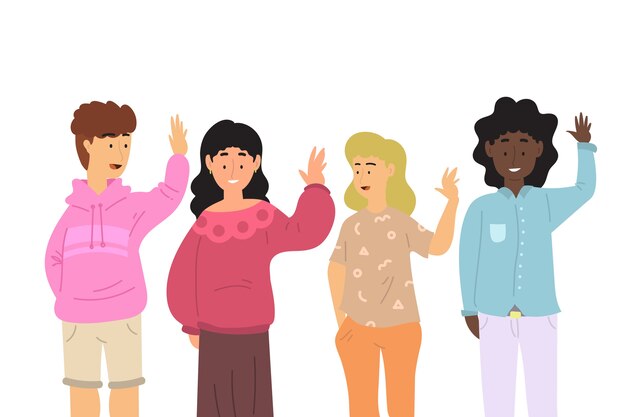 Diseño plano jóvenes agitando colección de mano