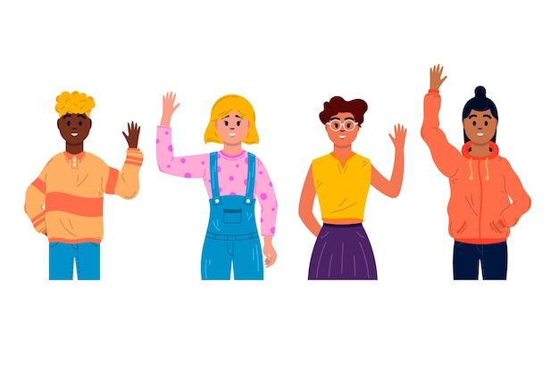 Diseño plano jóvenes agitando conjunto de mano