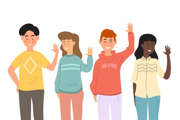 Diseño plano jóvenes agitando conjunto de mano