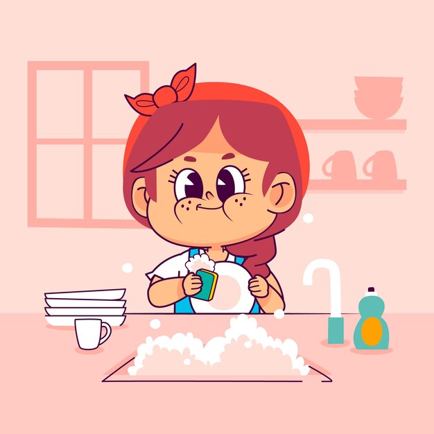 Diseño plano de lavado de platos Ilustración de dibujos animados