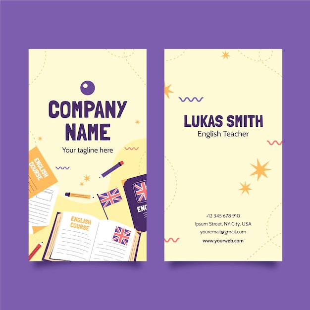 Diseño plano de lecciones de inglés tarjeta de visita vertical