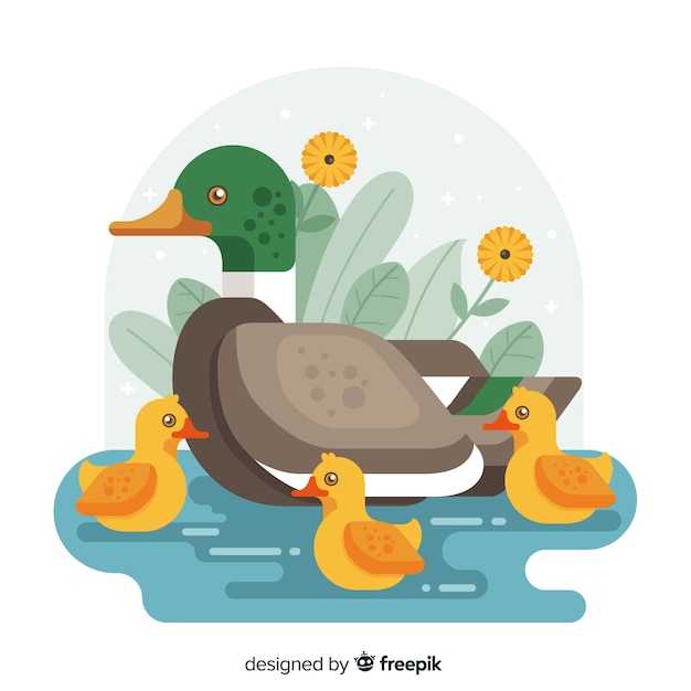Diseño plano madre pato y patitos