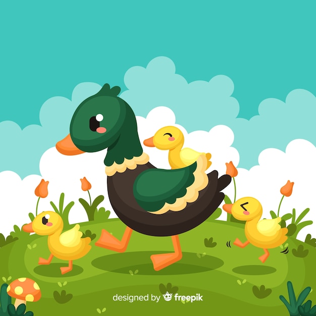 Vector gratuito diseño plano madre pato y patitos