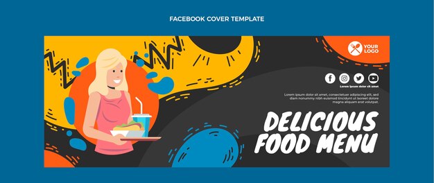 Diseño plano menú de comida deliciosa portada de facebook