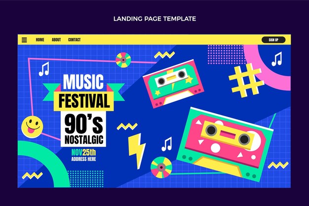 Diseño plano de la página de inicio del festival de música nostálgica de los 90