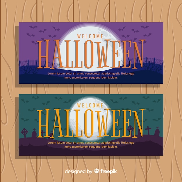 Vector gratuito diseño plano de pancartas de halloween púrpura y verde