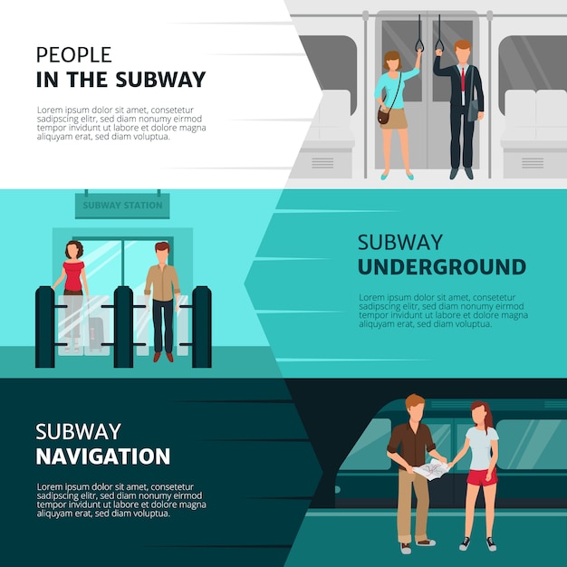 Diseño plano de pancartas horizontales con personas dentro del metro.