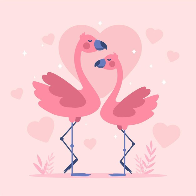 Diseño plano pareja de flamencos de san valentín