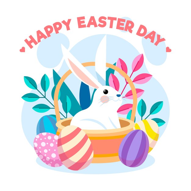 Diseño plano pascua con conejito en canasta