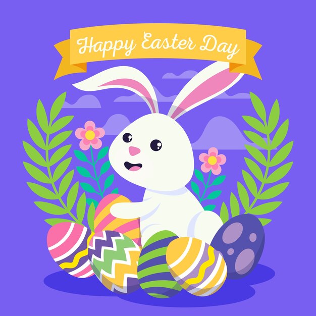 Diseño plano de pascua con conejito y huevos coloridos