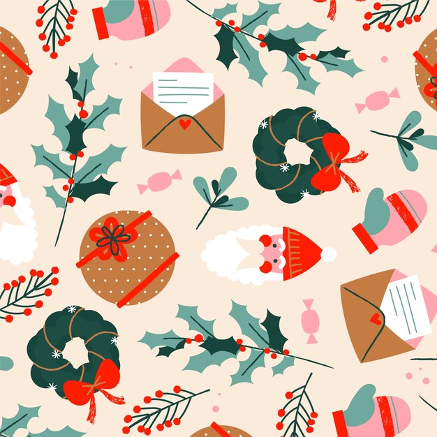Diseño plano de patrón navideño