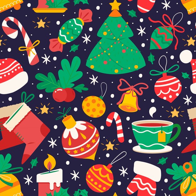Diseño plano de patrón navideño