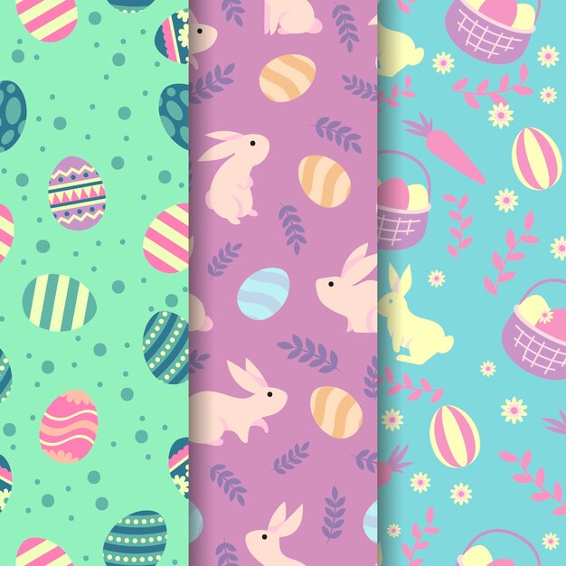 Diseño plano de patrones sin fisuras de pascua con huevos en cestas