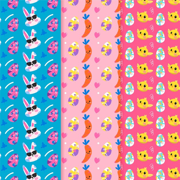 Diseño plano de patrones sin fisuras de pascua con verduras y animales