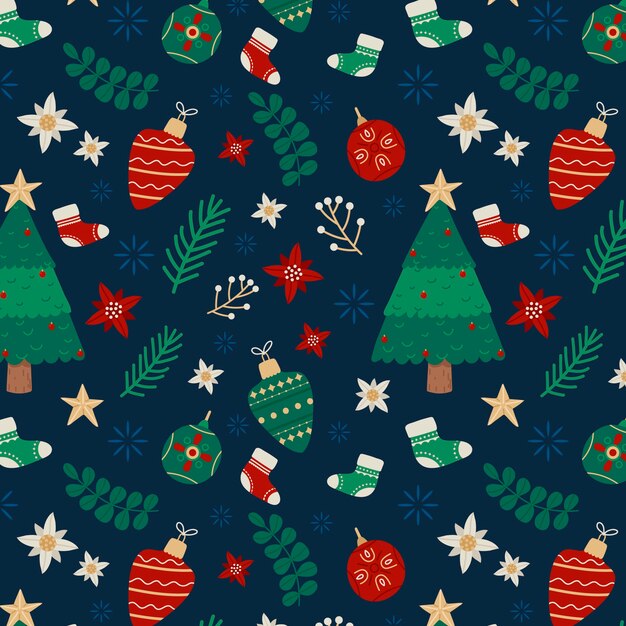 Diseño plano de patrones navideños con árboles y adornos.