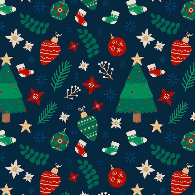 Diseño plano de patrones navideños con árboles y adornos.