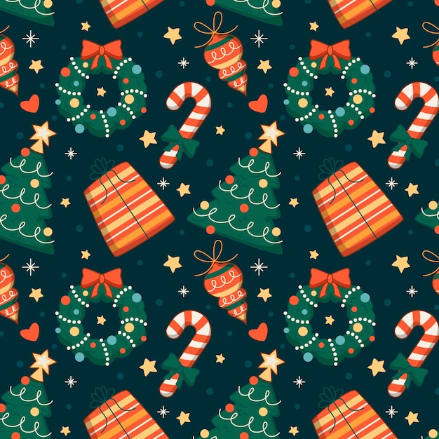 Vector gratuito diseño plano de patrones navideños con árboles y bastones de caramelo.