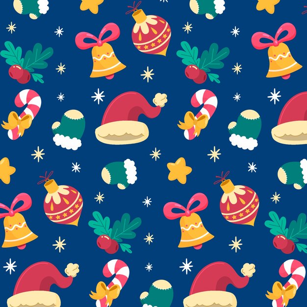 Diseño plano de patrones navideños con gorros de Papá Noel y campanas.