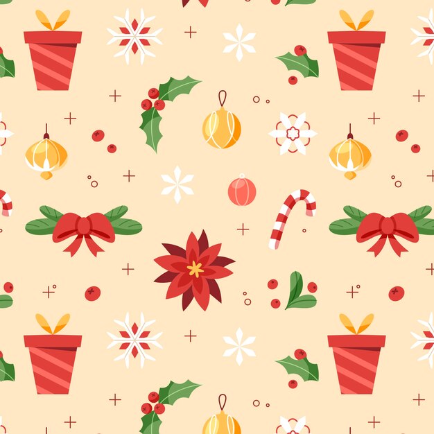 Diseño plano de patrones navideños con regalos y adornos.