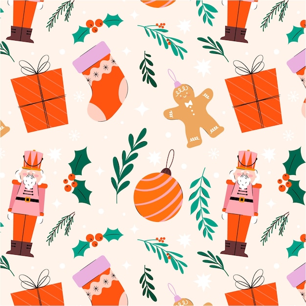 Diseño plano de patrones navideños con regalos y cascanueces.
